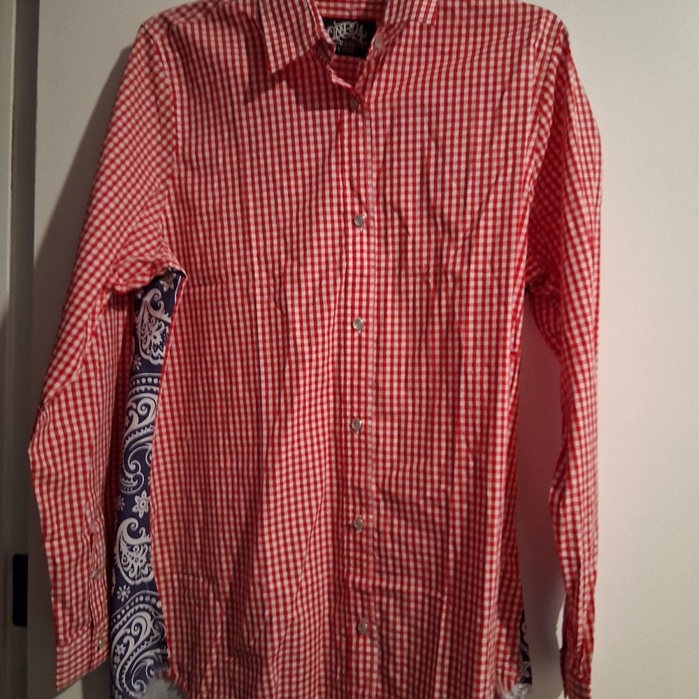 One 24 Rags Red Gingham Womens Shirt with Paisley Detail Nwots